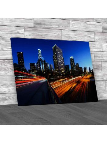 City Of Los Angeles At Sunset With Light Trails Canvas Print Large Picture Wall Art