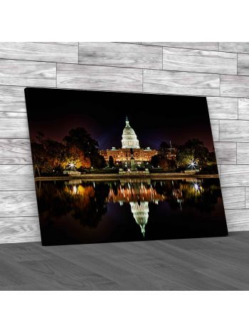 Us Capitol Building Reflecting At Night Canvas Print Large Picture Wall Art