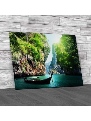 Long Boat On River Thailand Canvas Print Large Picture Wall Art