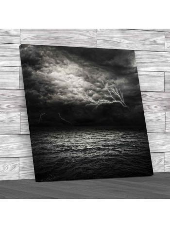 Lightning Rough Seascape Square Canvas Print Large Picture Wall Art